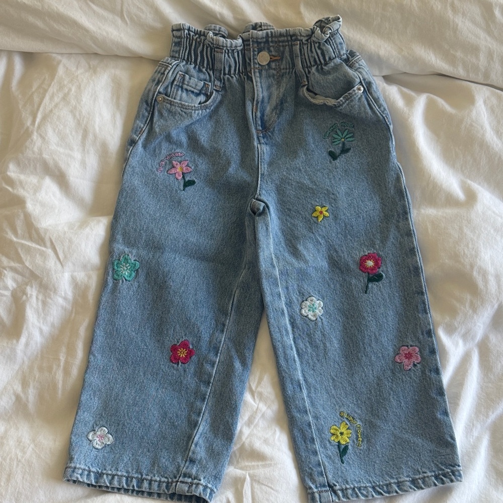Zara Kids Light Blue Denim Jeans with Multi-Color Floral Embroidery, Size 4